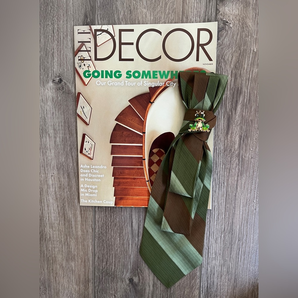 Gorgeous Green and Brown Striped Tie Necklace with Brooch by Bougie Rouge